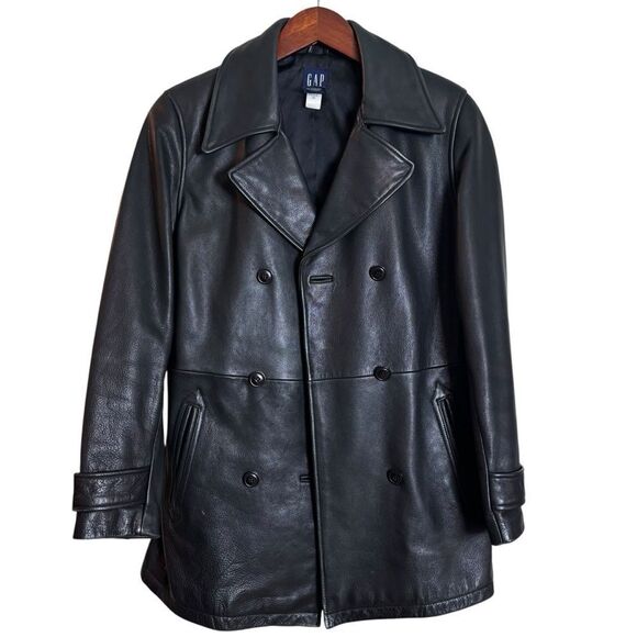Vintage 90's GAP 100% Leather Double Breasted Pea Coat Black Size Small - Picture 5 of 12
